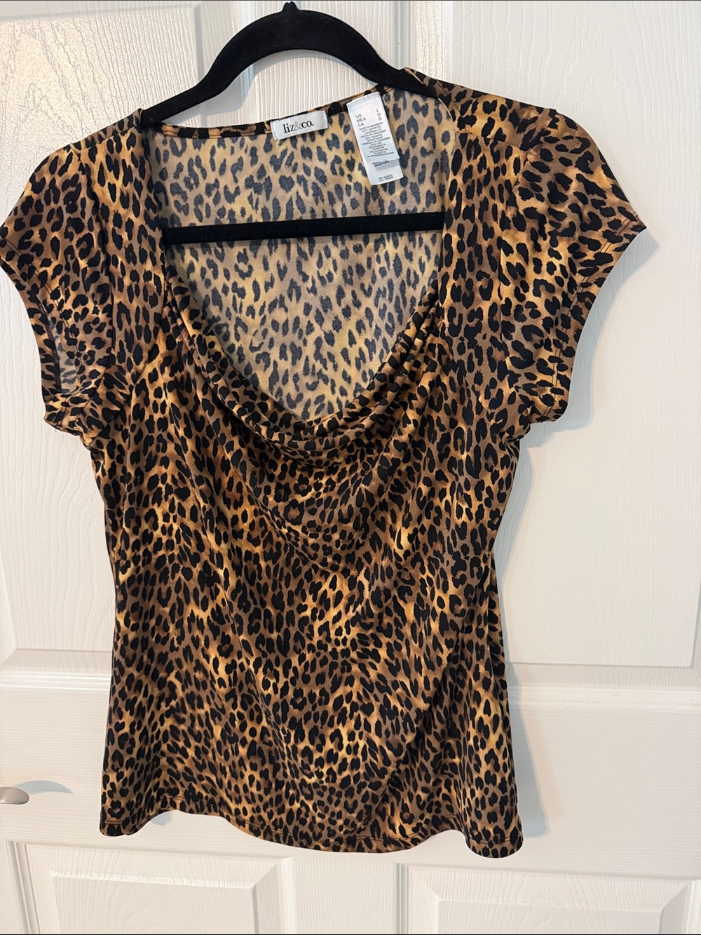 liz & co. Leopard Print Cowl Neck Short Sleeve Top - Brown & Black